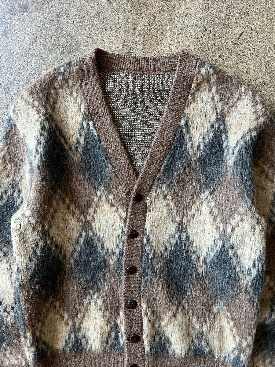 1960s Brown Argyle Mohair Cardigan Sweater