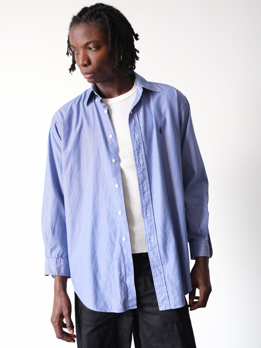 2000s Ralph Lauren Blue Striped Pinpoint Oxford Shirt