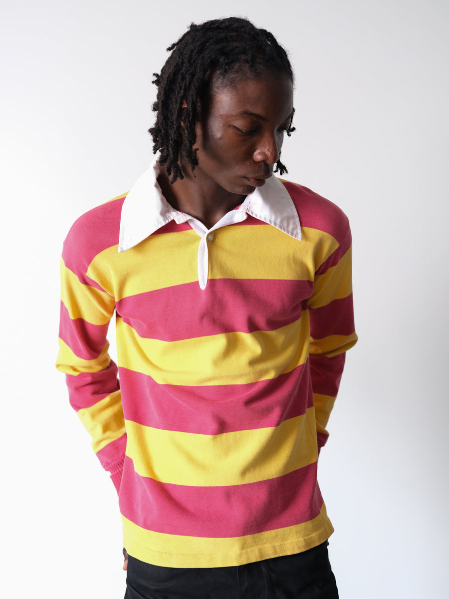 1970s-80s Red & Gold Yellow Oversized Collar Rugby Shirt