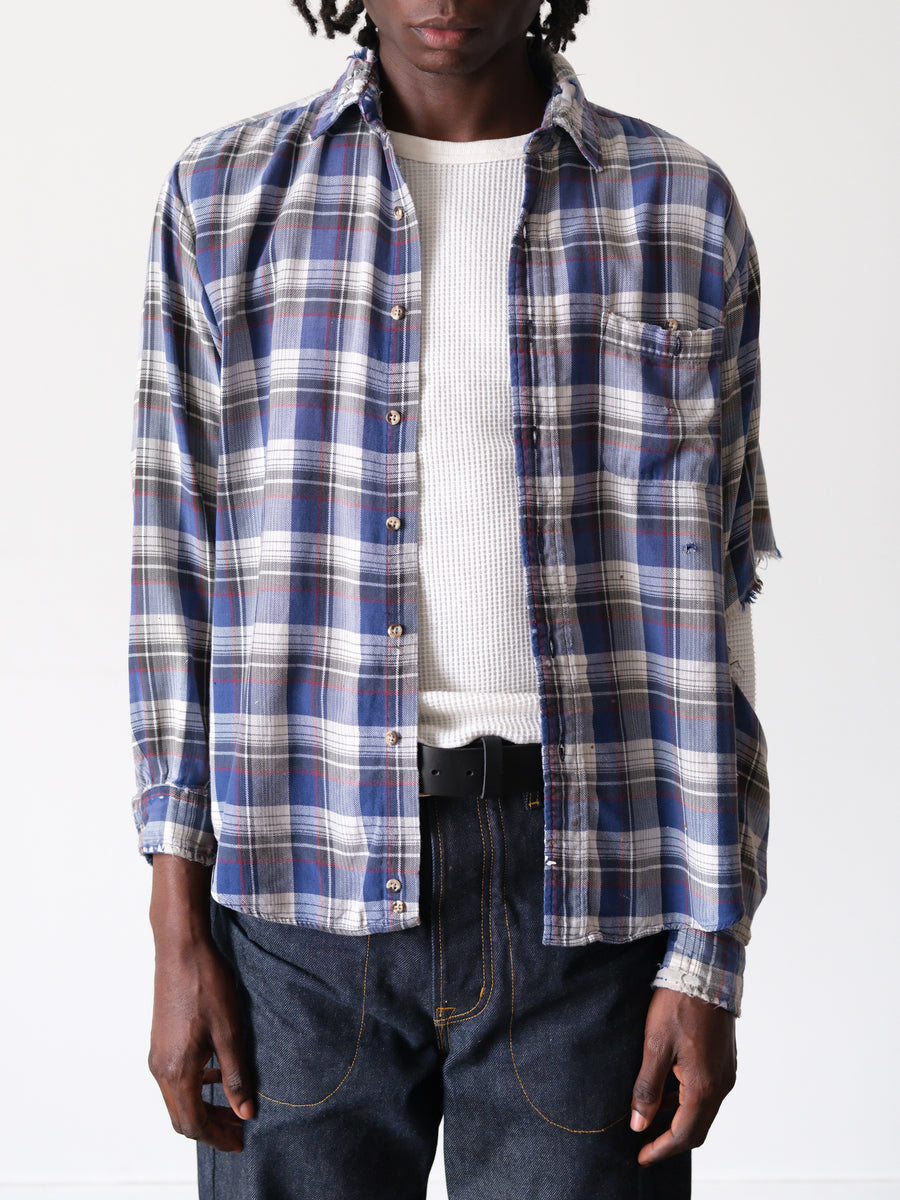 1990s Thrashed Elbow Blue Plaid Flannel