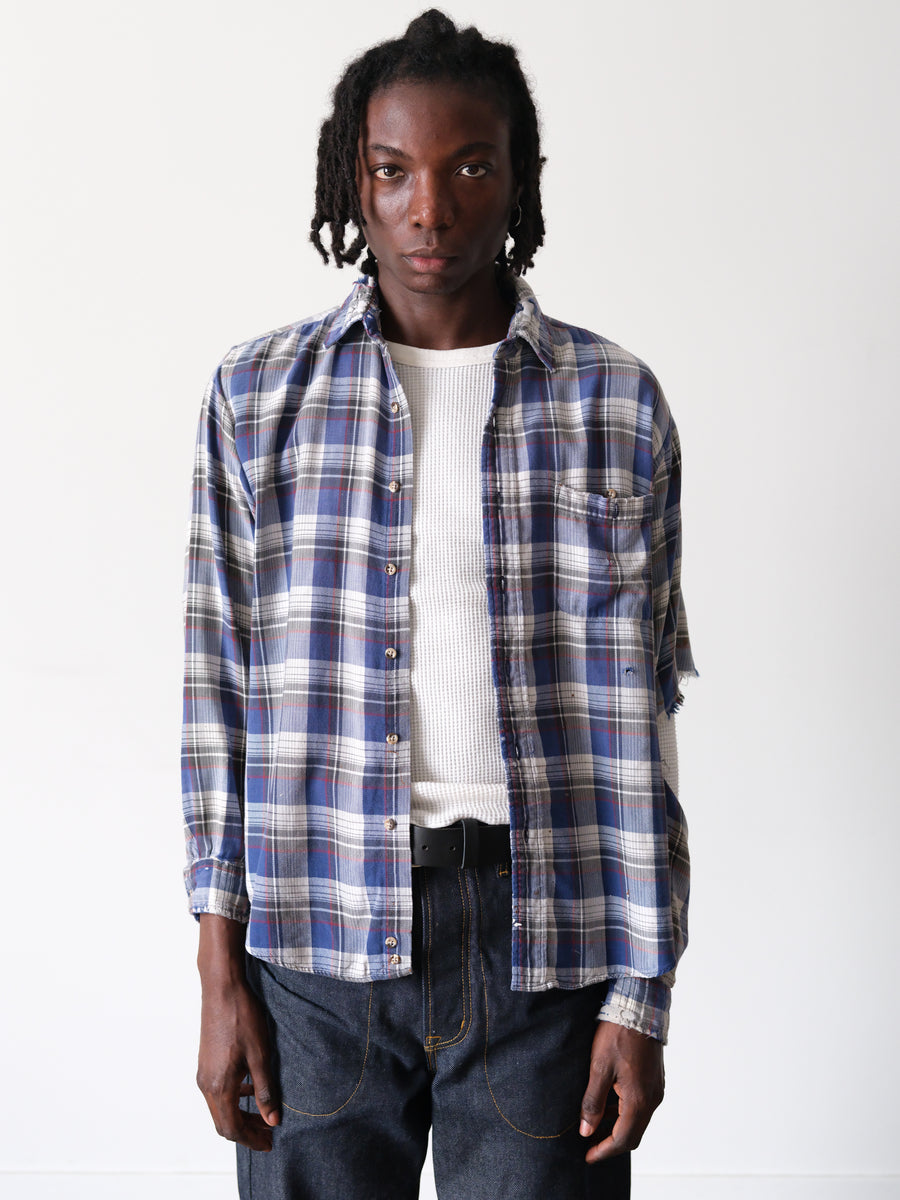 1990s Thrashed Elbow Blue Plaid Flannel
