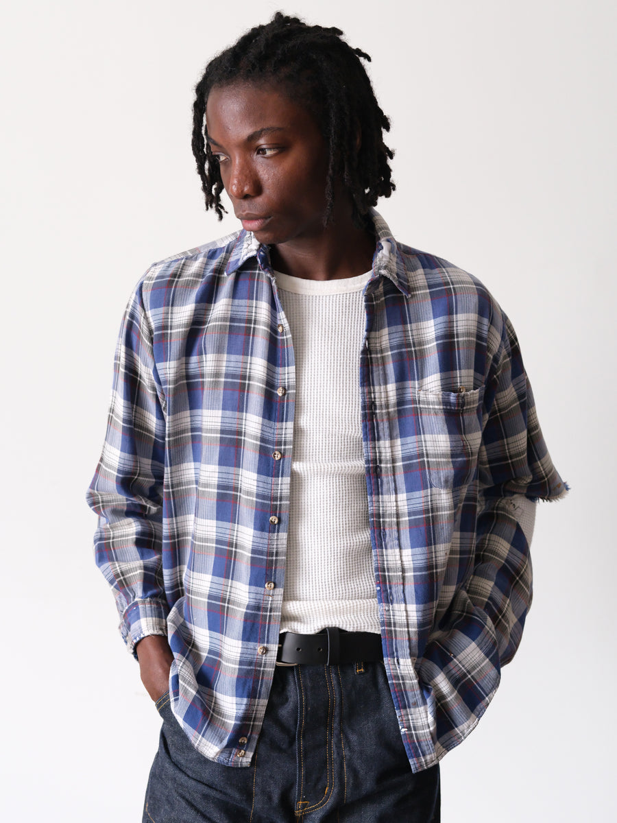 1990s Thrashed Elbow Blue Plaid Flannel
