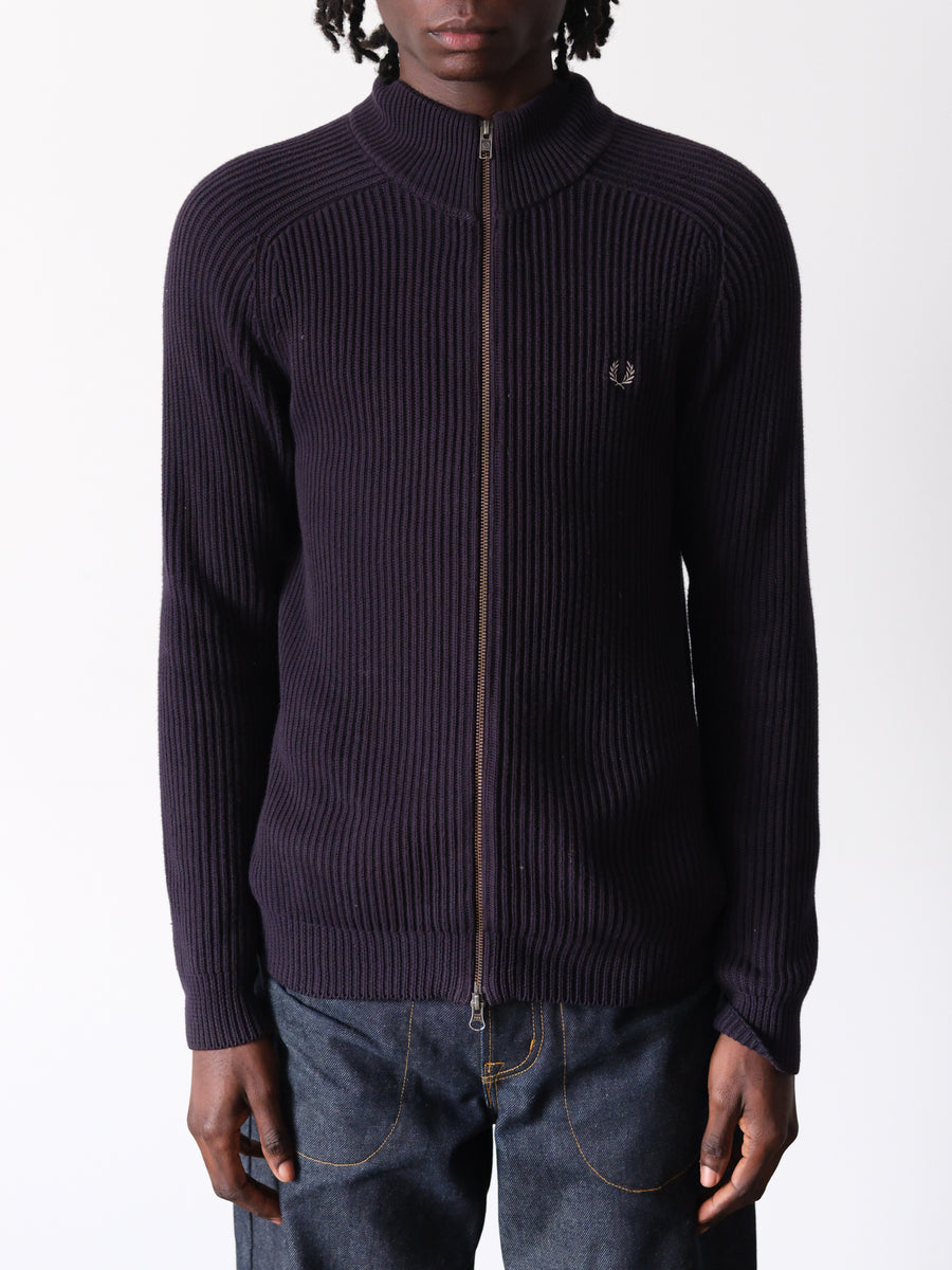 2010s Fred Perry Navy Ribbed Knit Mock Neck Zip Sweater