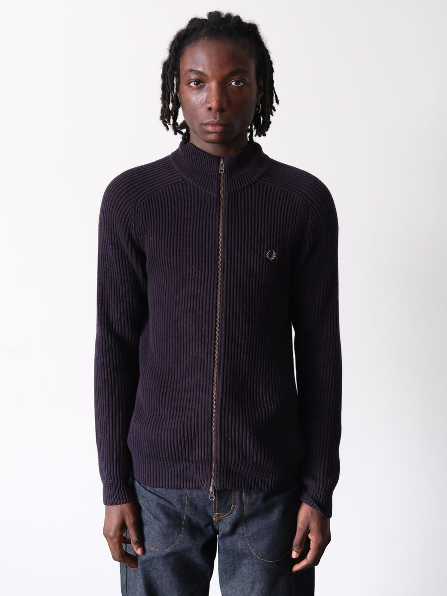 2010s Fred Perry Navy Ribbed Knit Mock Neck Zip Sweater