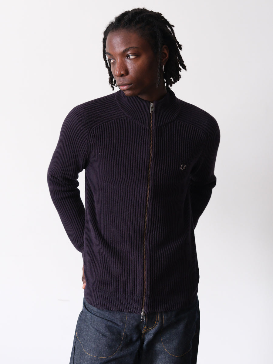 2010s Fred Perry Navy Ribbed Knit Mock Neck Zip Sweater