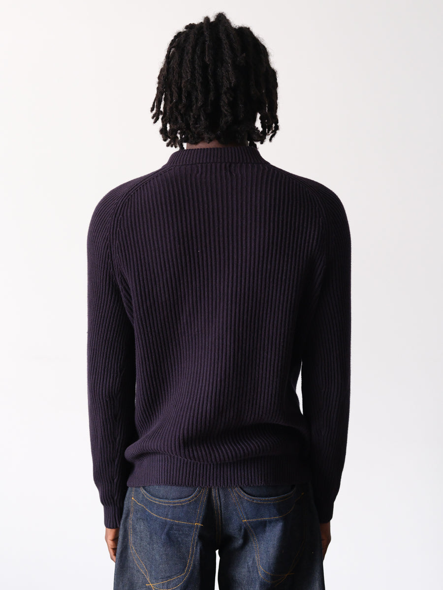 2010s Fred Perry Navy Ribbed Knit Mock Neck Zip Sweater
