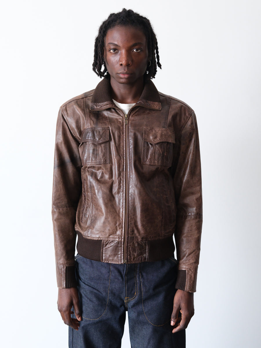 2000s Ribbed Collar Leather Aviator Jacket