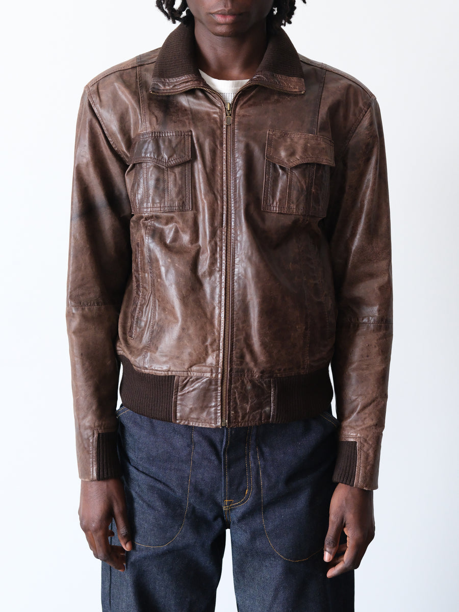 2000s Ribbed Collar Leather Aviator Jacket