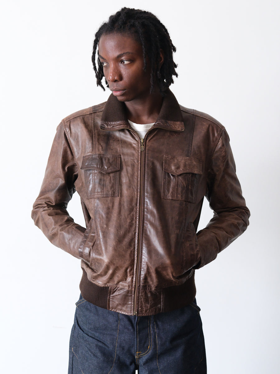 2000s Ribbed Collar Leather Aviator Jacket