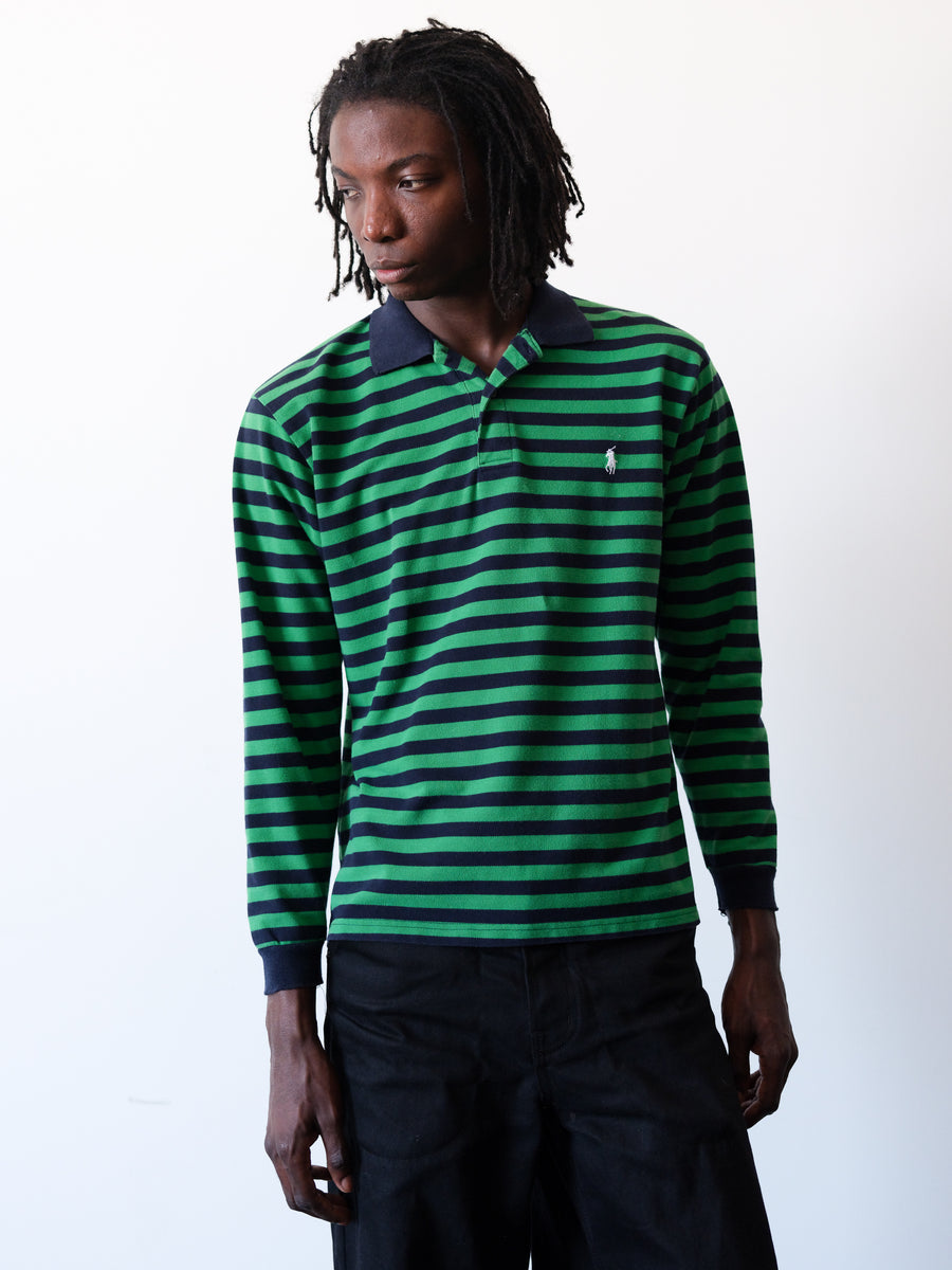 1990s Polo Ralph Lauren Green Striped Long Sleeve Polo