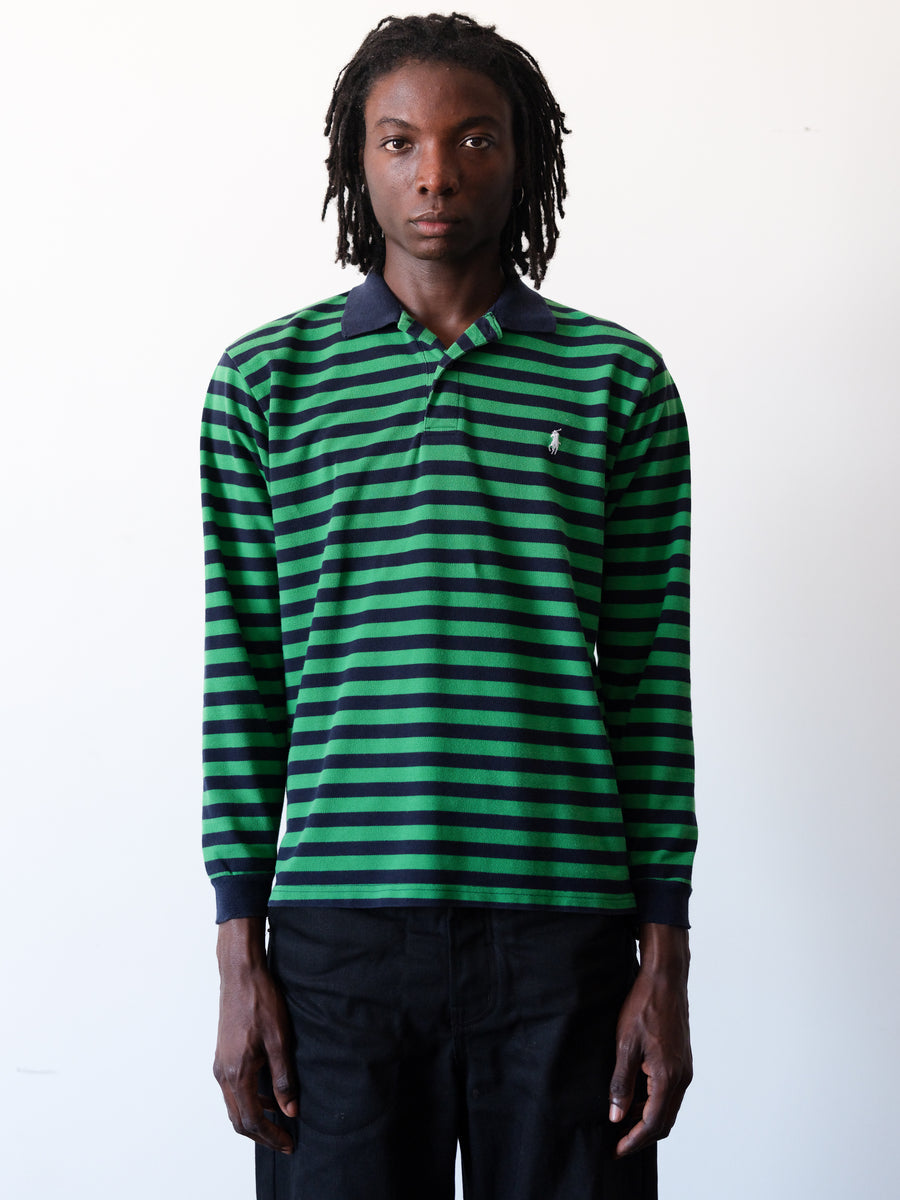 1990s Polo Ralph Lauren Green Striped Long Sleeve Polo
