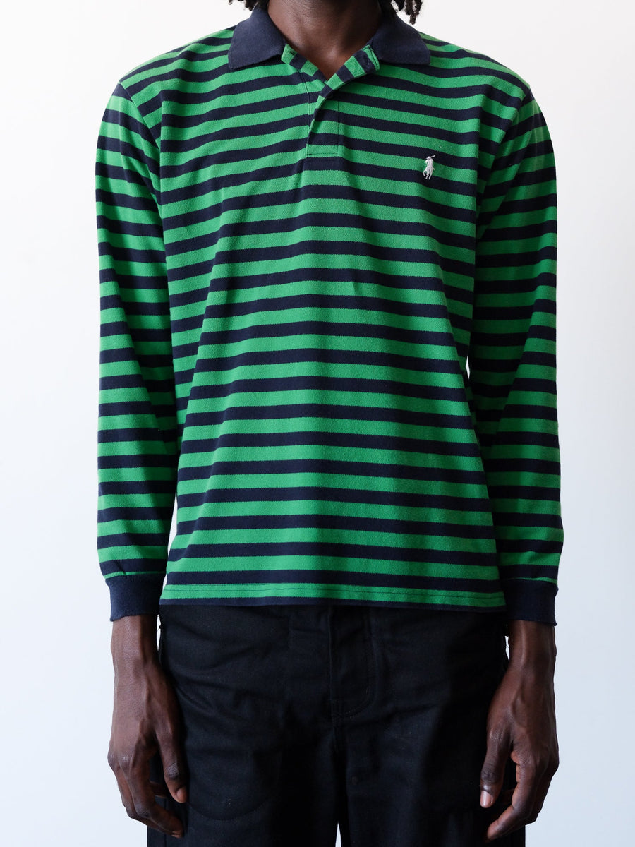 1990s Polo Ralph Lauren Green Striped Long Sleeve Polo