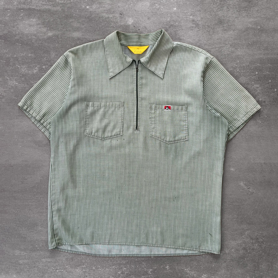 1970s Ben Davis Quarter Zip Green Stripe Work Shirt