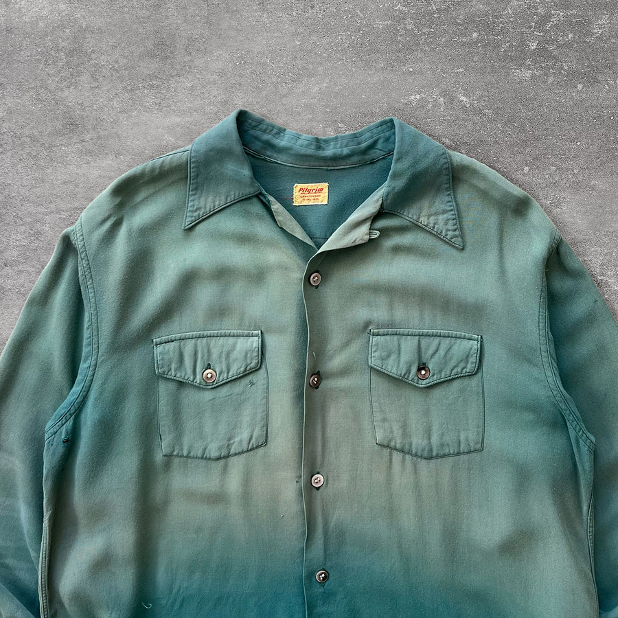 1950s Pilgrim Sportswear Sun Faded Green Loop Collar Shirt