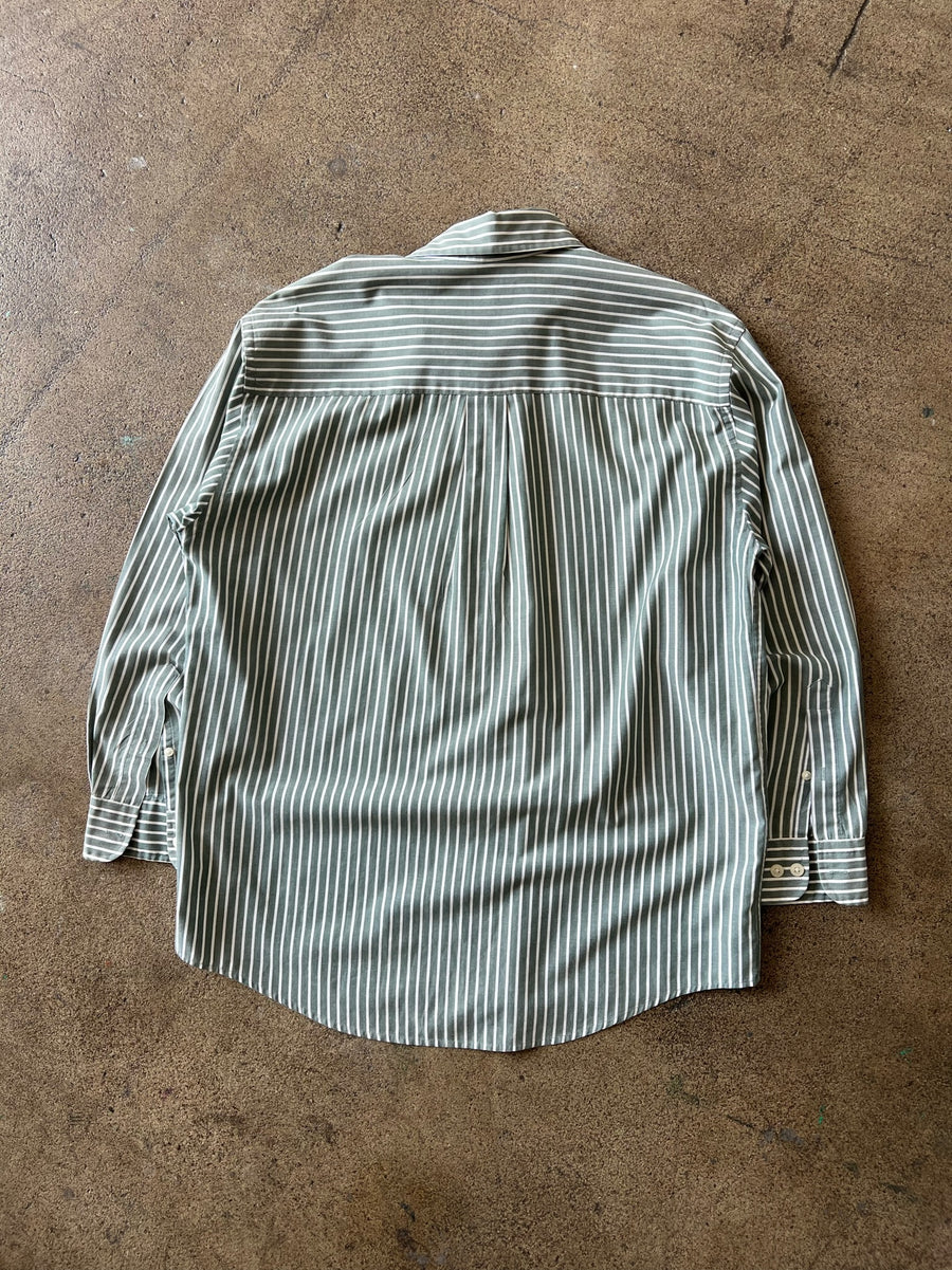 2000s Land's End Green Striped Dress Shirt