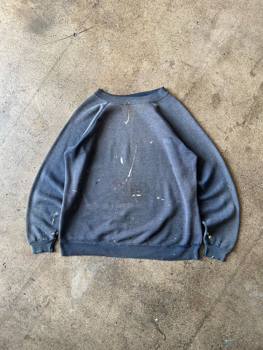 1980s Raglan Sweatshirt Paint Stained Faded Blue