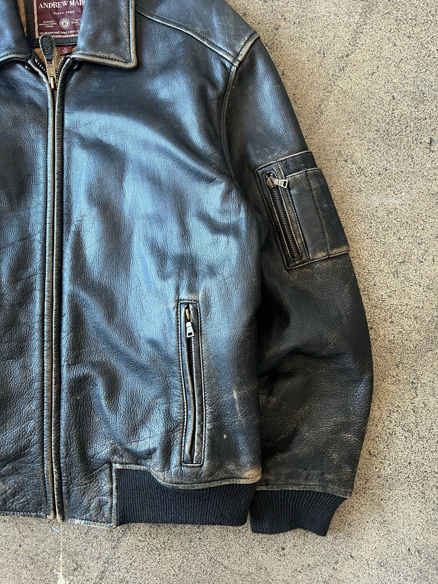 1990s Andrew Marc Distressed Black Leather Jacket