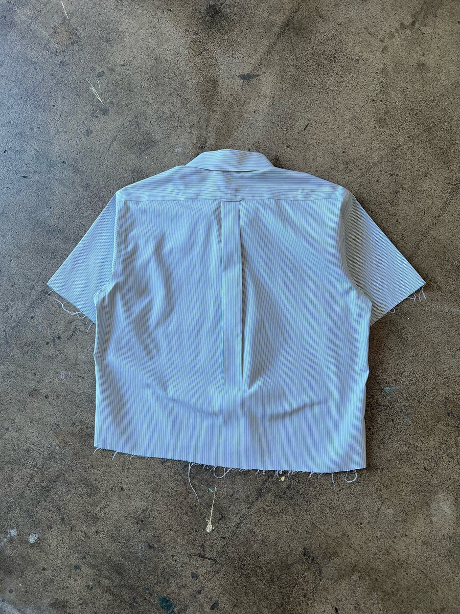 2000s Cropped + Chopped Blue and White Striped Dress Shirt