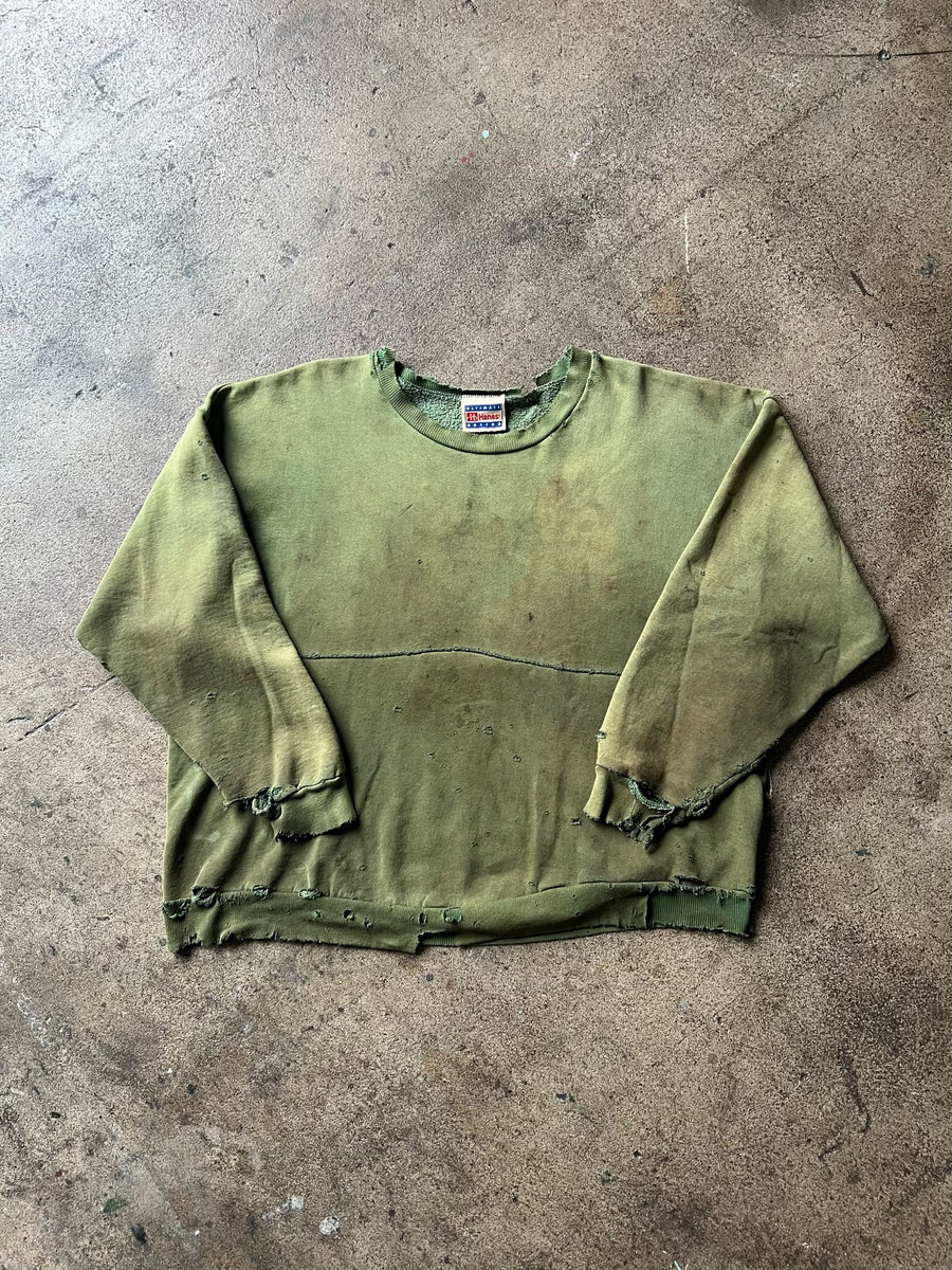 1990s Hanes Thrashed Green Crewneck Sweatshirt