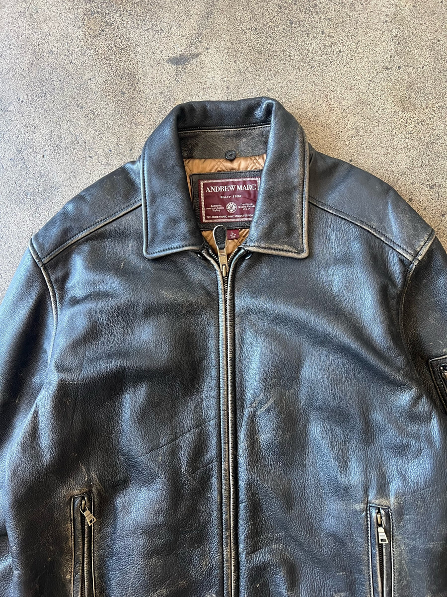 1990s Andrew Marc Distressed Black Leather Jacket