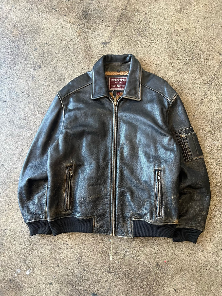 1990s Andrew Marc Distressed Black Leather Jacket