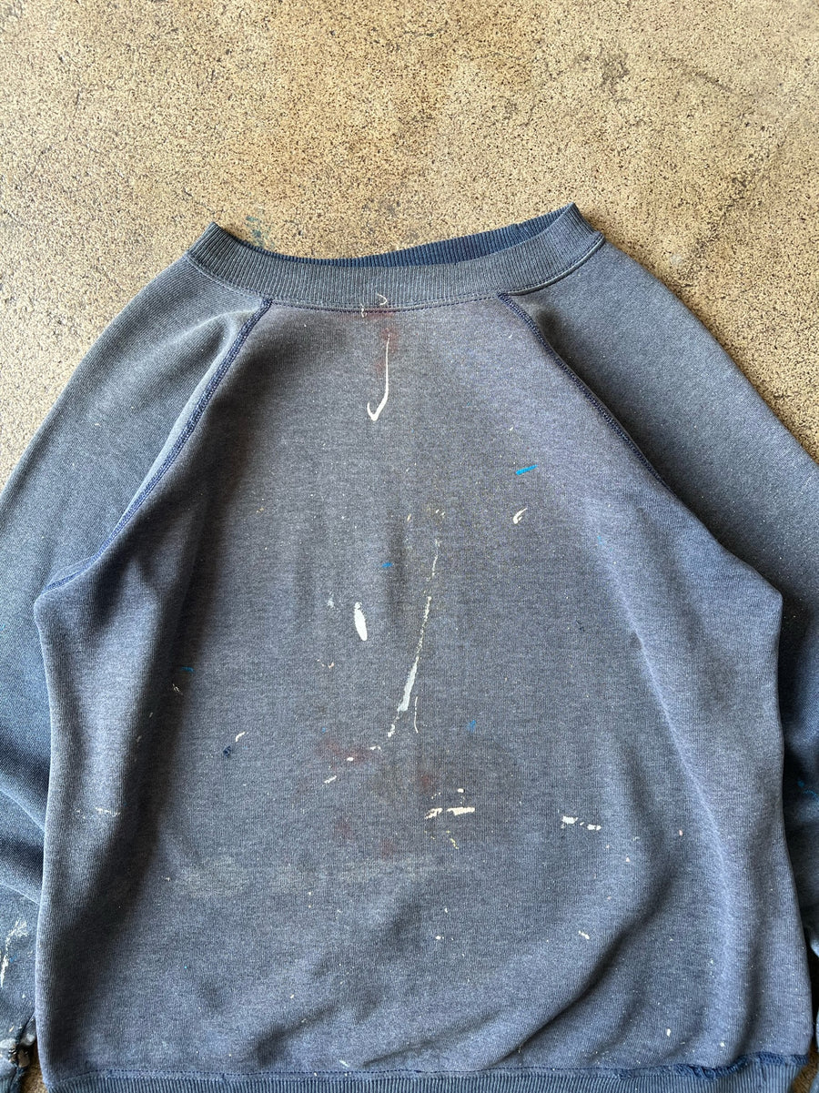 1980s Raglan Sweatshirt Paint Stained Faded Blue