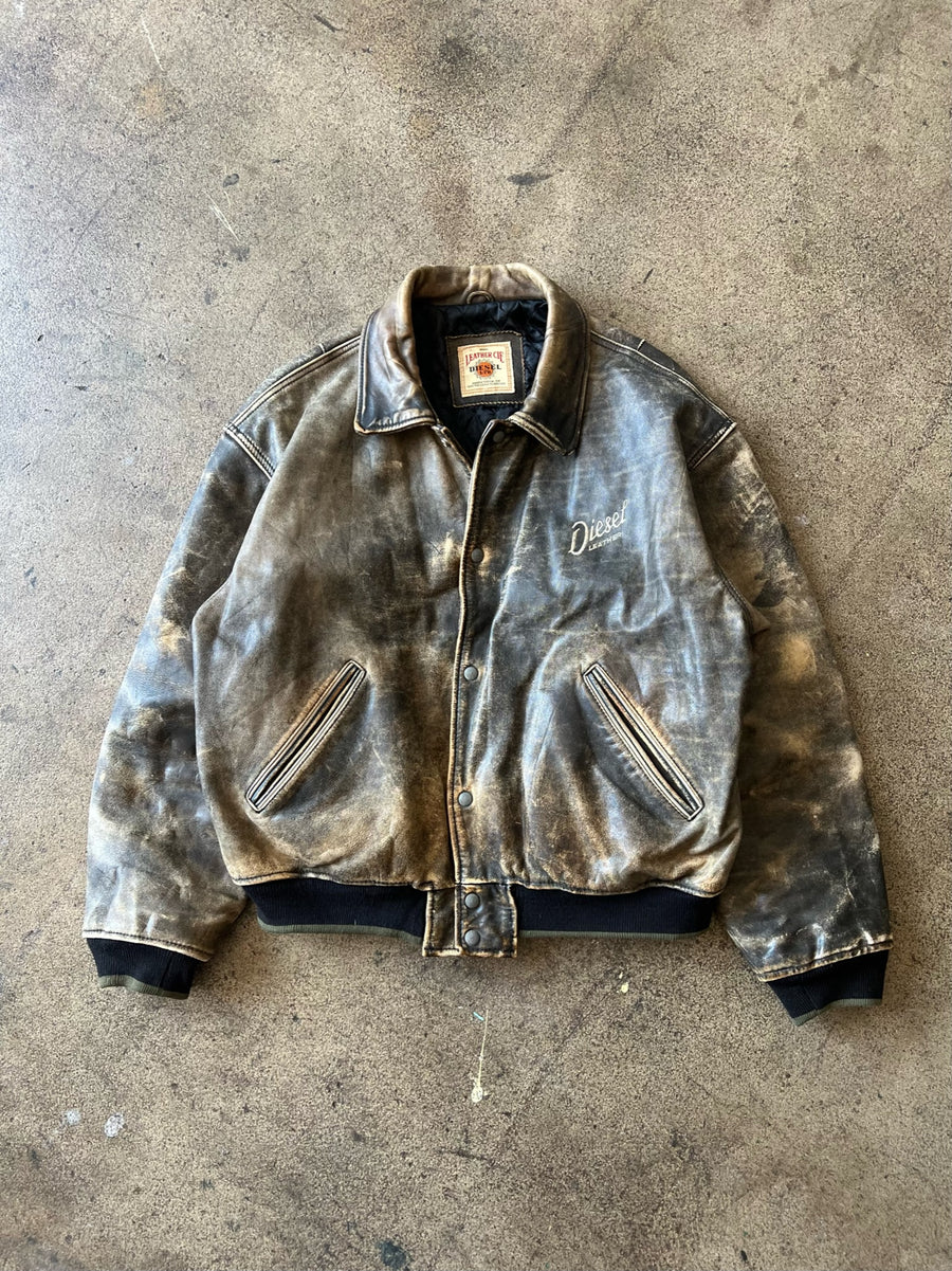 1990s Diesel Distressed Black Leather Varsity Jacket