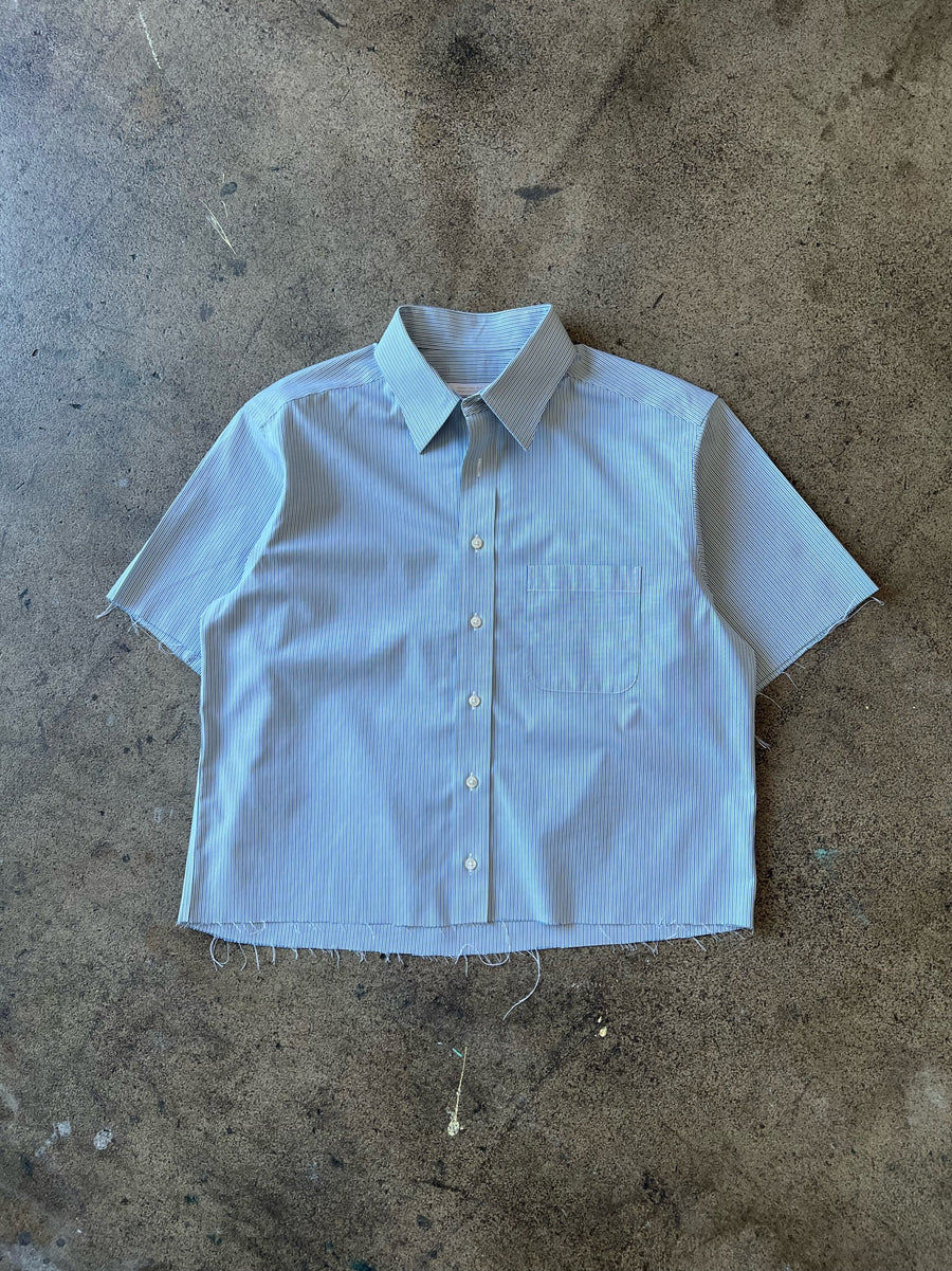 2000s Cropped + Chopped Blue and White Striped Dress Shirt