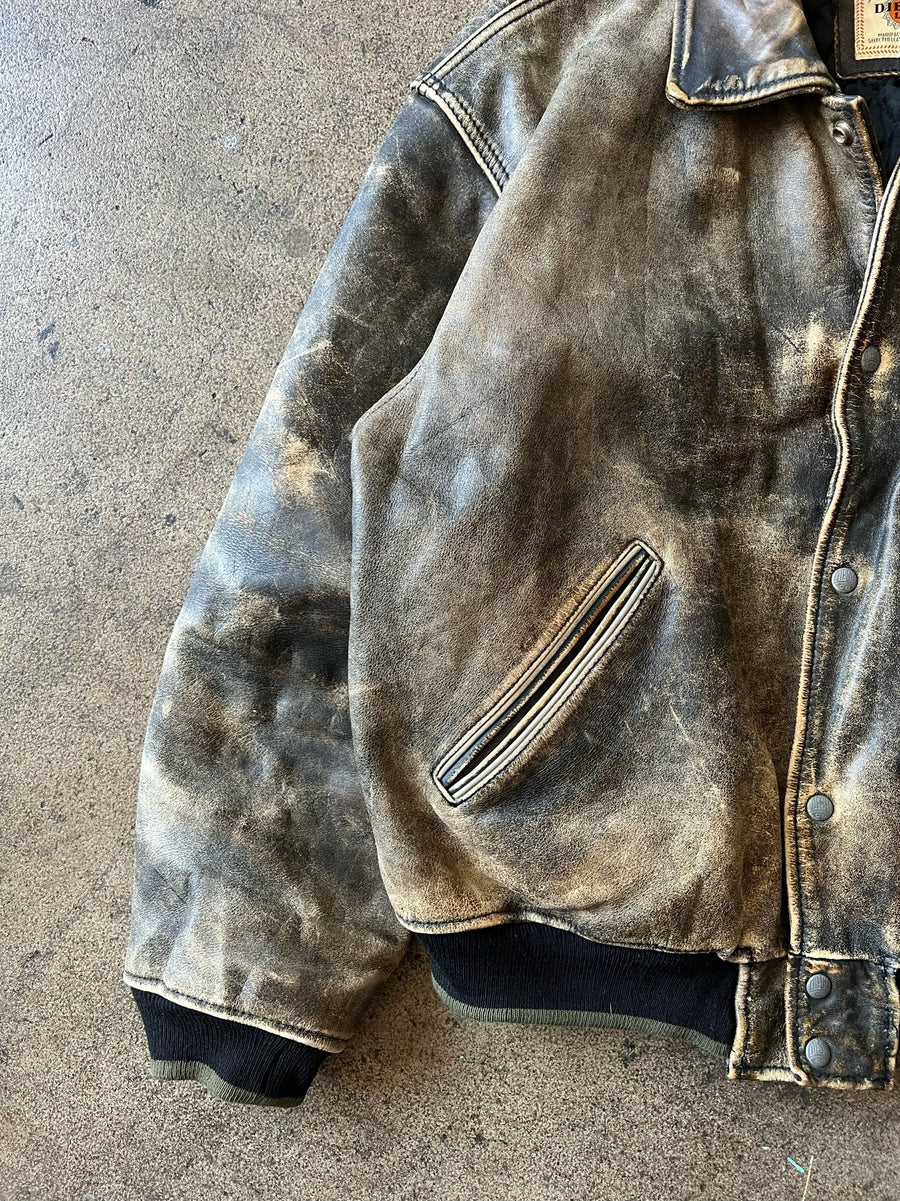 1990s Diesel Distressed Black Leather Varsity Jacket