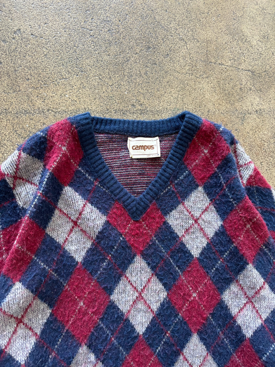1970s Campus Argyle Fuzzy Sweater