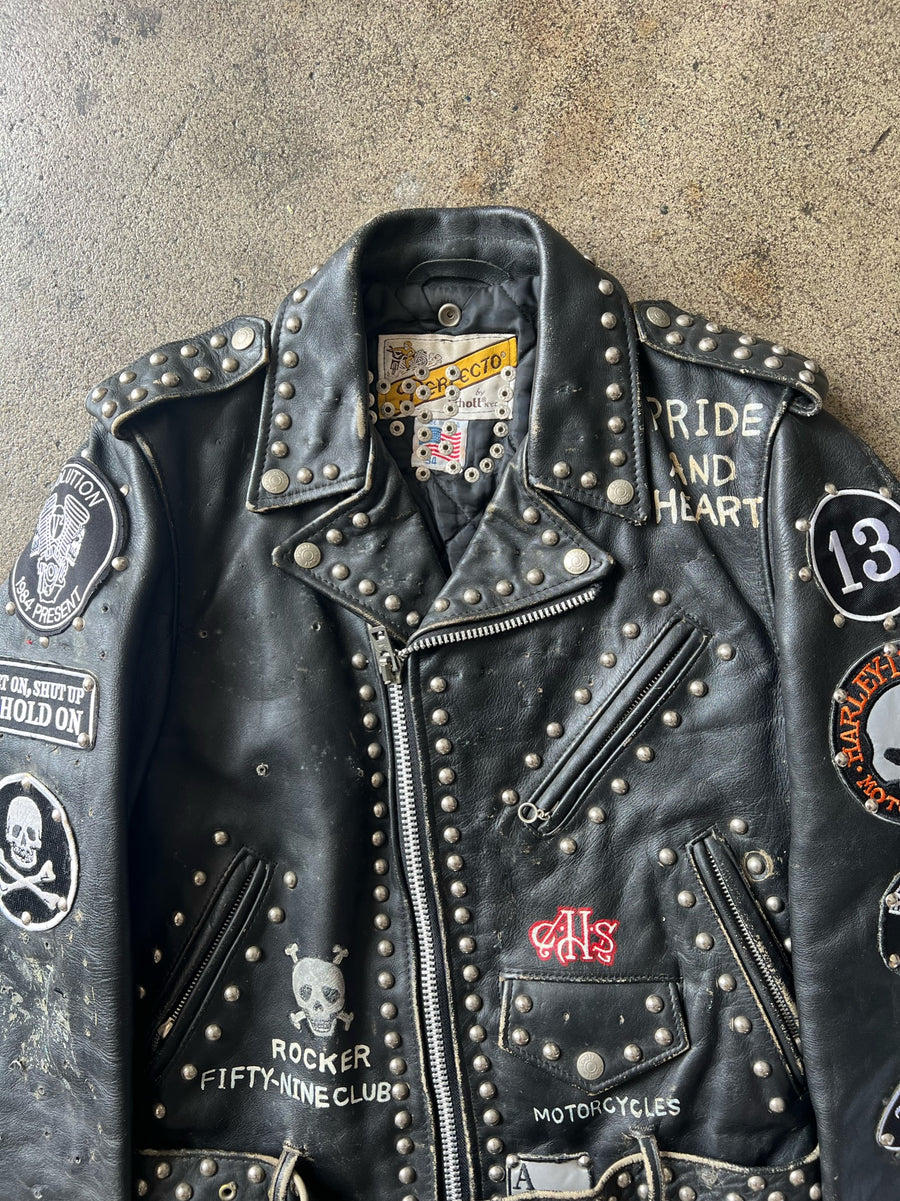 1970s Schott's Studded + Patched Leather Motorcyle Jacket