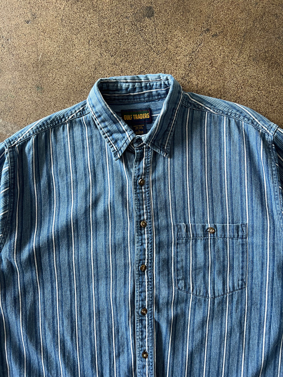 1990s Blue Striped Cropped + Chopped Shirt