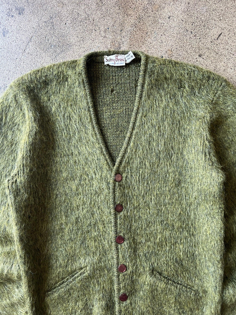 1960s Green Shaggy Mohair Cardian Sweater