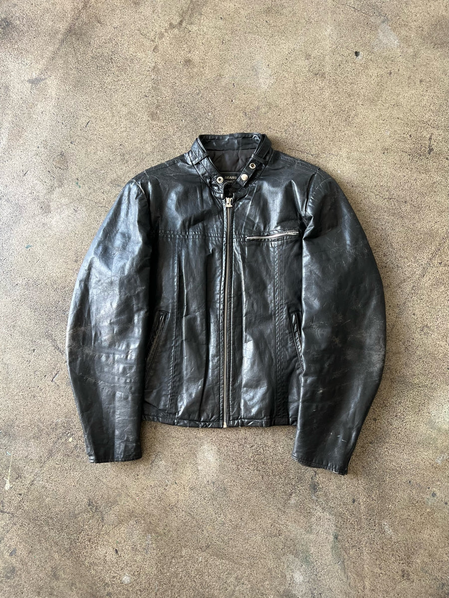 1970s Sears Faded Black Leather Moto Jacket