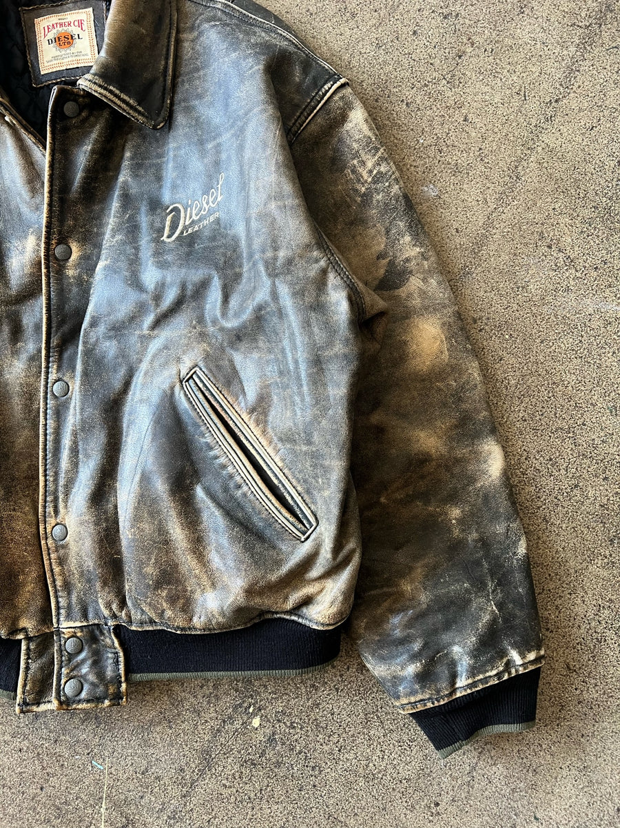 1990s Diesel Distressed Black Leather Varsity Jacket