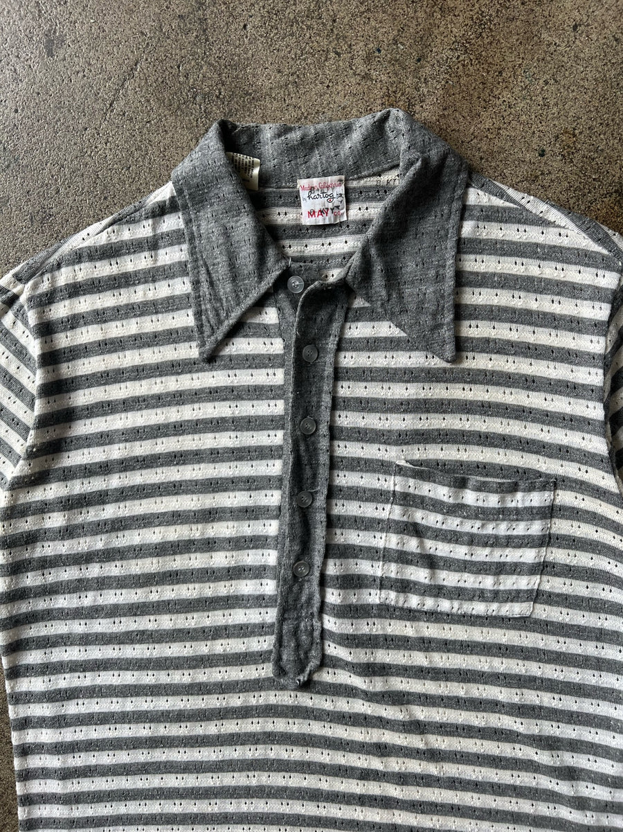 1960s Gray and White Striped Mesh Polo Shirt