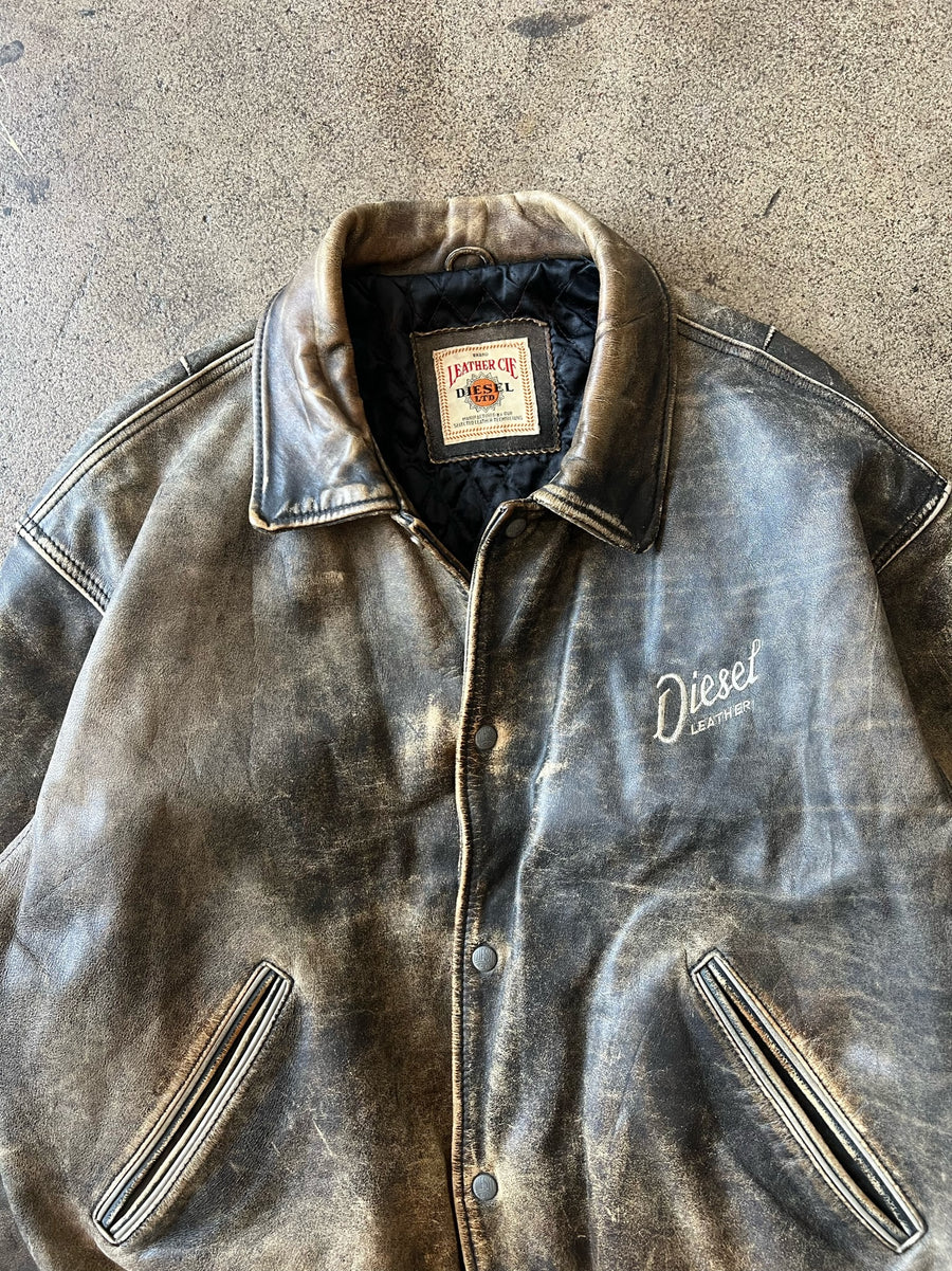 1990s Diesel Distressed Black Leather Varsity Jacket