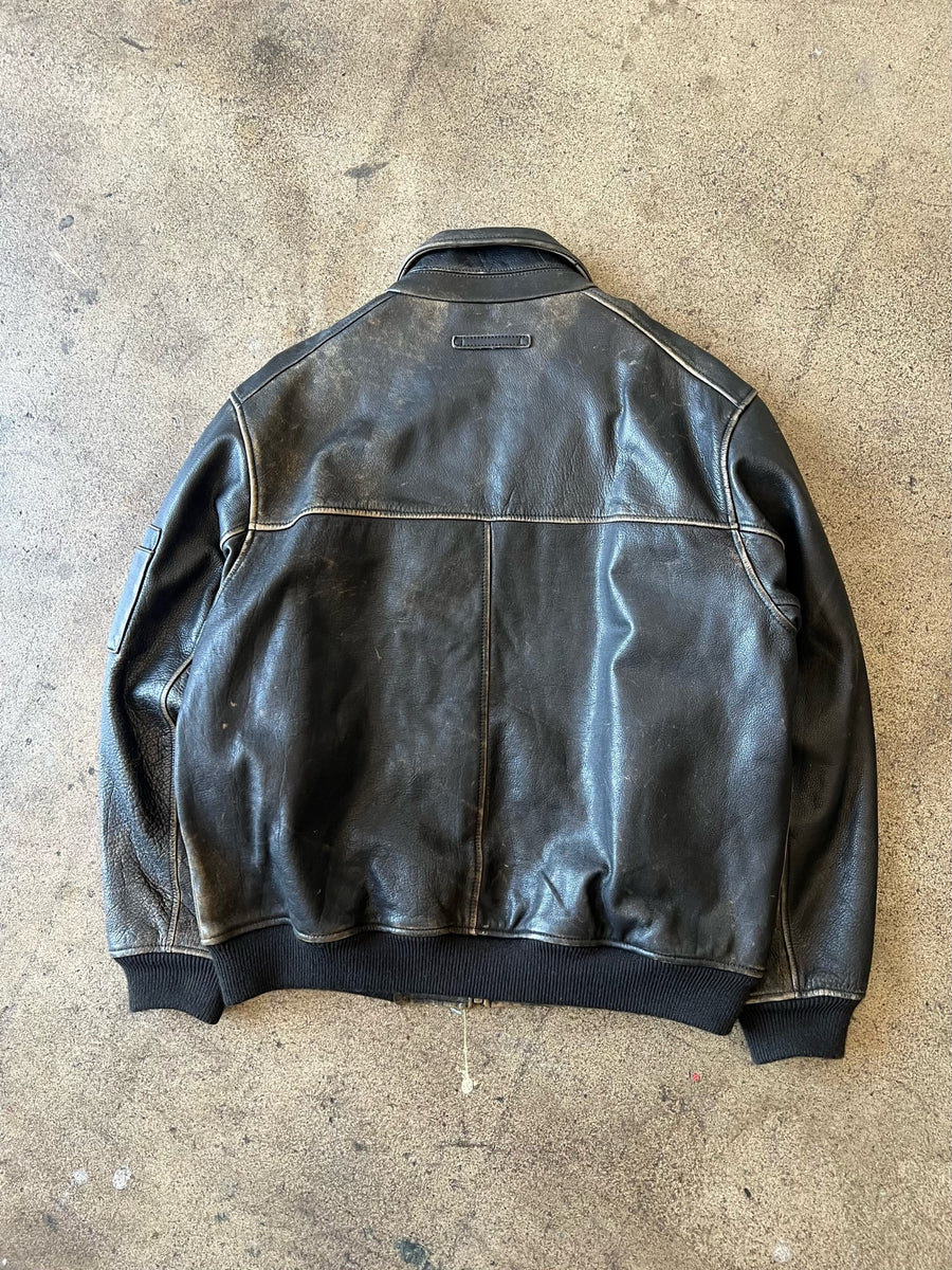 1990s Andrew Marc Distressed Black Leather Jacket