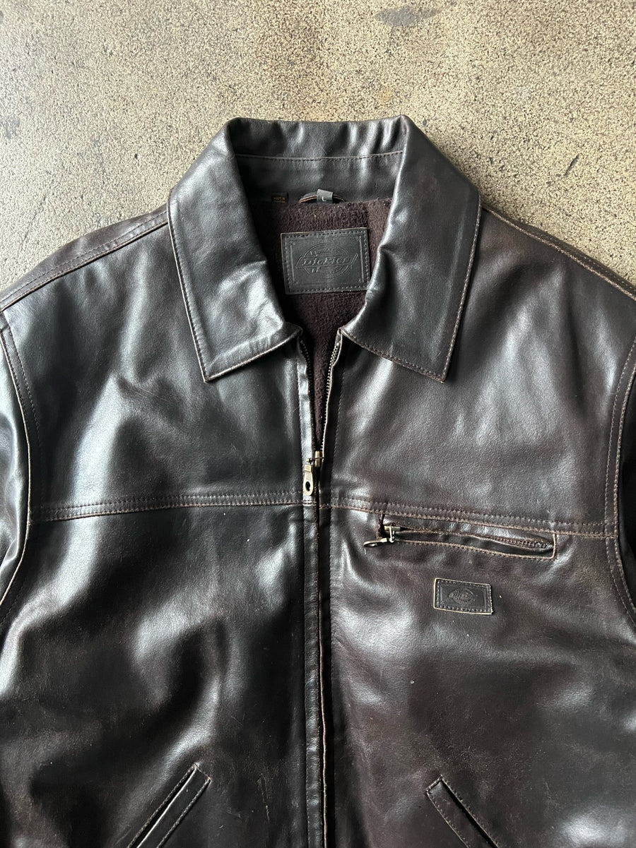 2000s Dickies Faded Brown Leather Jacket