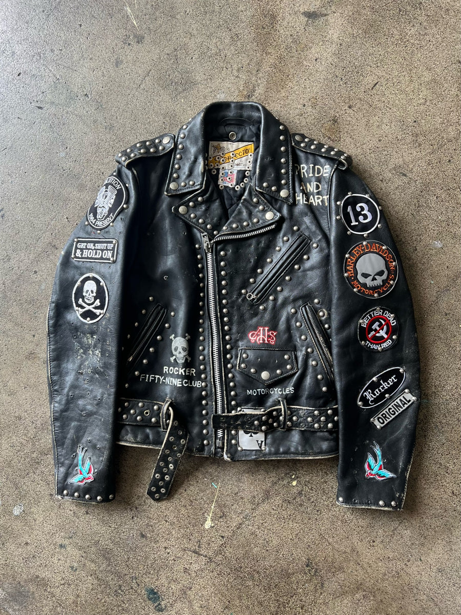 1970s Schott's Studded + Patched Leather Motorcyle Jacket