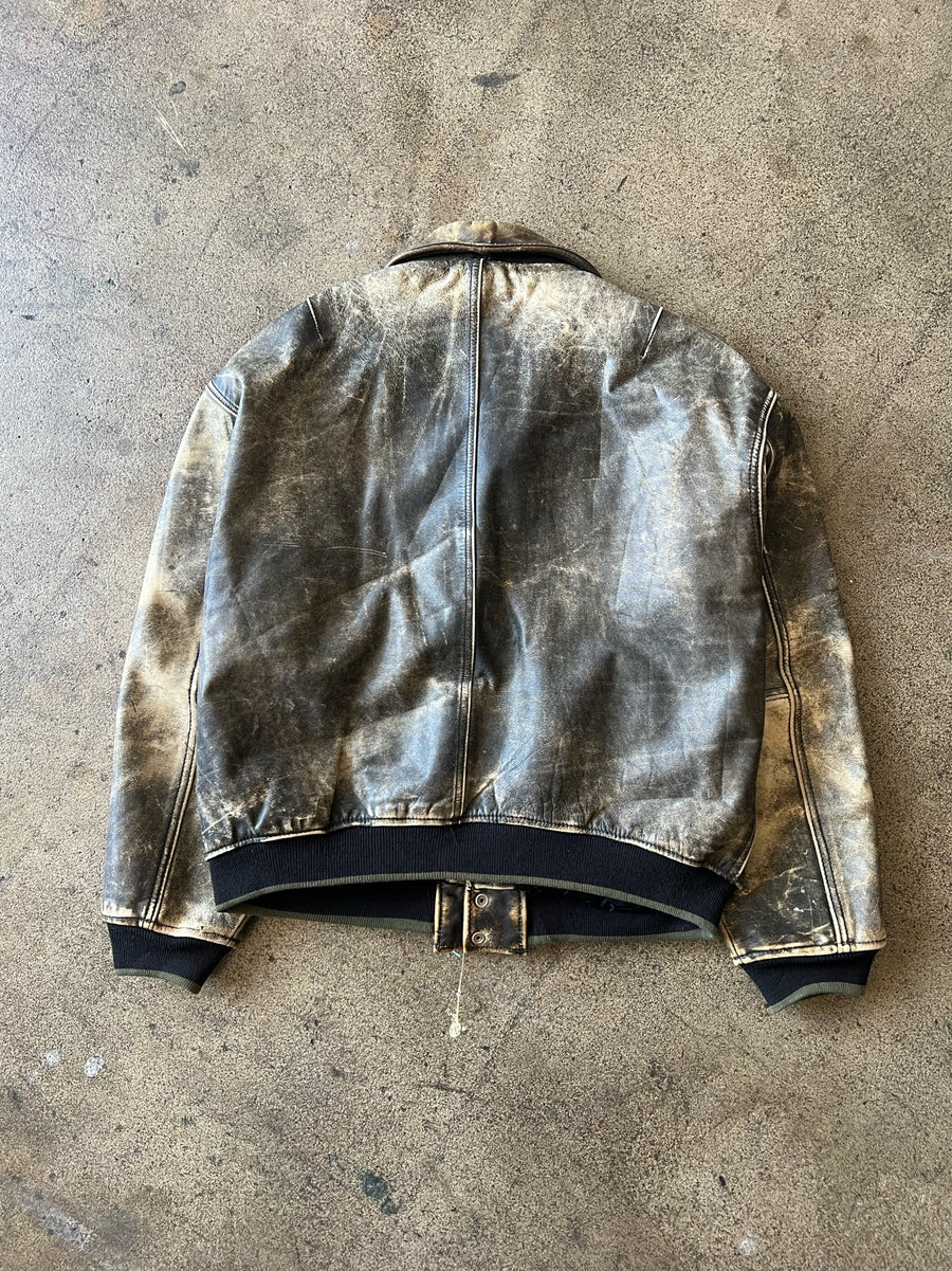 1990s Diesel Distressed Black Leather Varsity Jacket