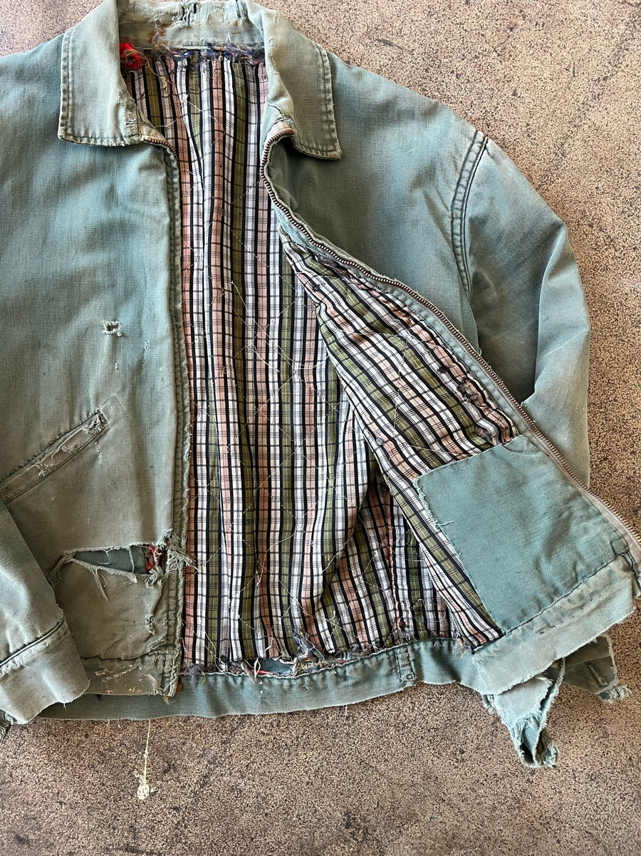 1960s Sun Faded + Thrashed Green Work Jacket