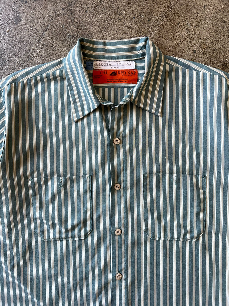 1990s Red Kap Cropped Green Striped Work Shirt