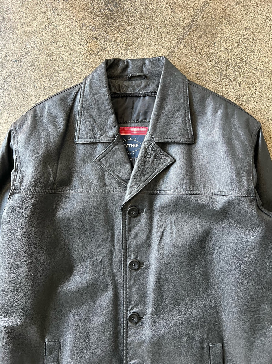 2000s USA Leather Long Black Jacket