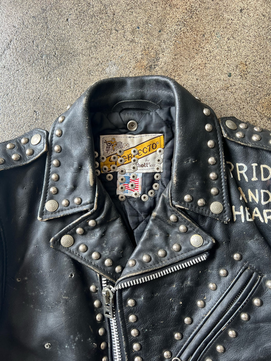 1970s Schott's Studded + Patched Leather Motorcyle Jacket