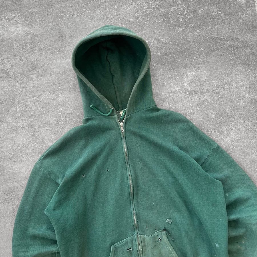 1960s Faded Green Thrashed Zip Up Hoodie