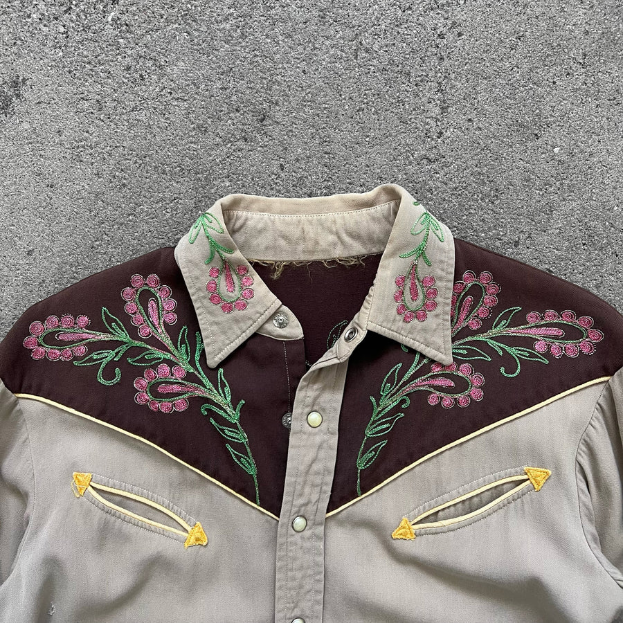 1940s Chain Stitched Pearl Button Floral Western Shirt